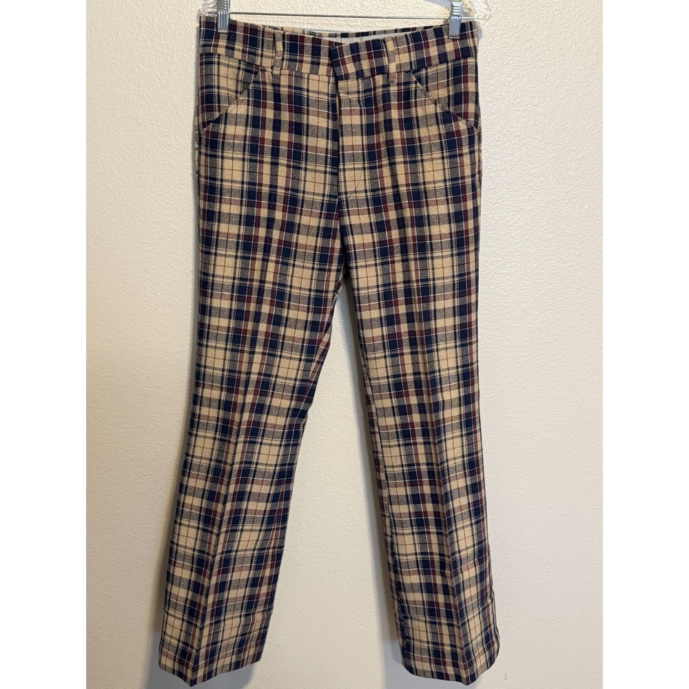 VTG Levi's Panatela Slacks 70s Disco Plaid Navy Beige Flare Bell Bottom 32X29L